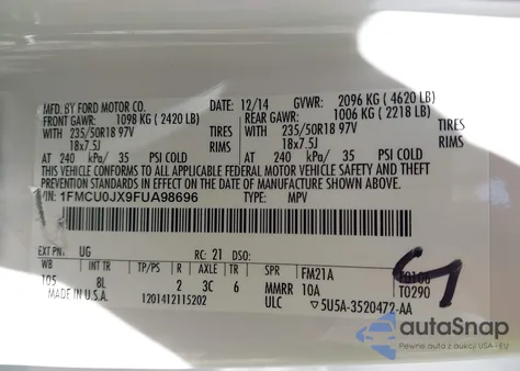 2015 Ford Escape Titanium из США, поврежденный, VIN 1FMCU0JX9FUA98696